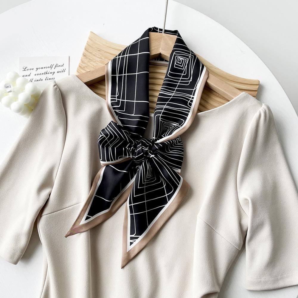

Top Chic Customizable High-End Korean Style Summer Dress Waist Belt Long Satin Neck Scarf for Women Black And White Stripes 14CMX145CM
