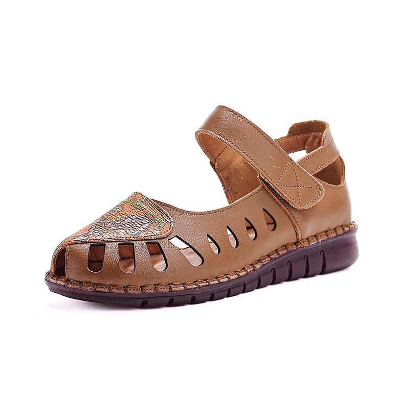 Summer new leather hollow sandals women's flower embroidery flat bottom soft sole mother shoes Velcro shallow mouth