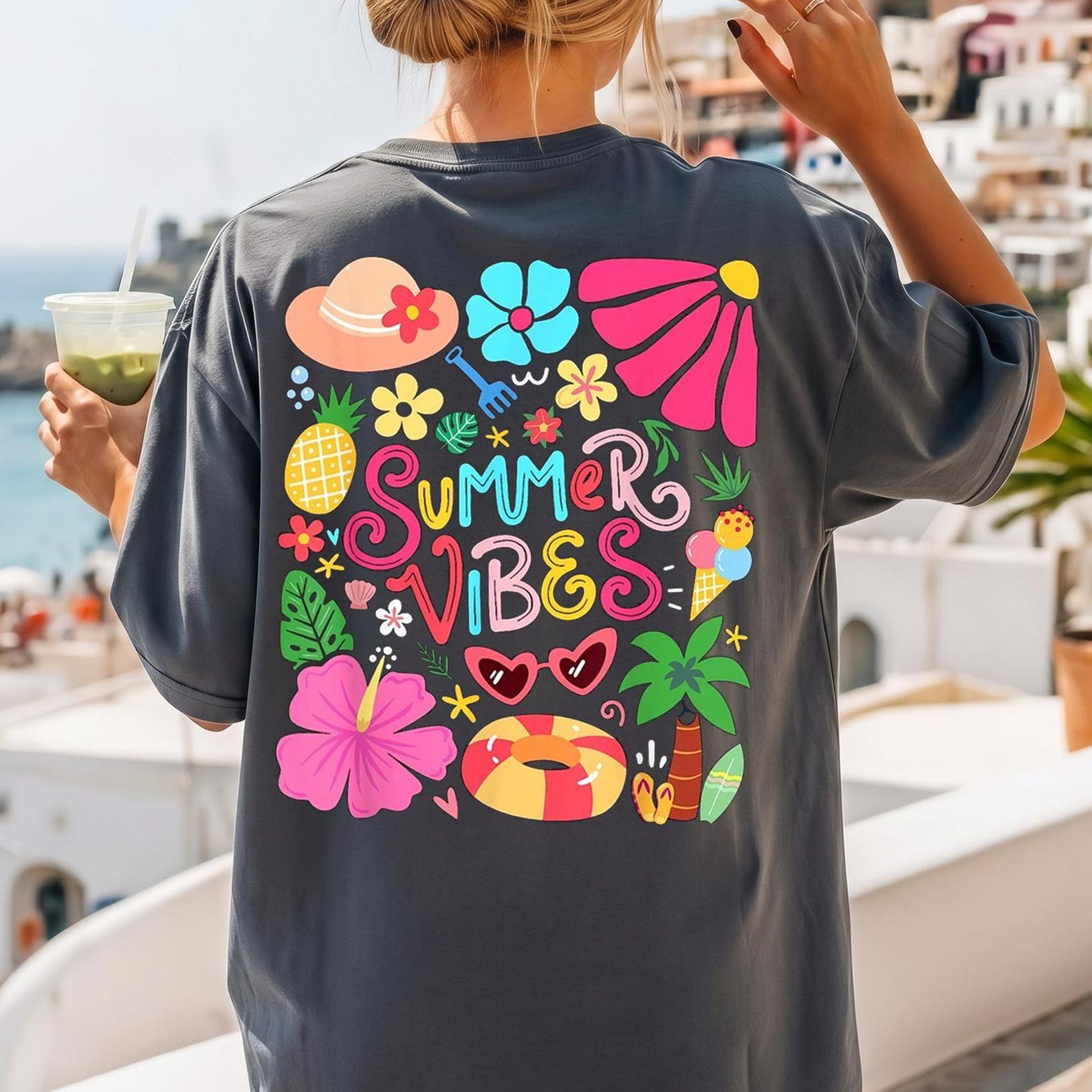 Comfort Colors Summer Vibes Shirt, Cute Beach Vacation Tee, Colorful Tropical Graphic T Shirt, Coastal Summer Outfit, Vacation Gift S