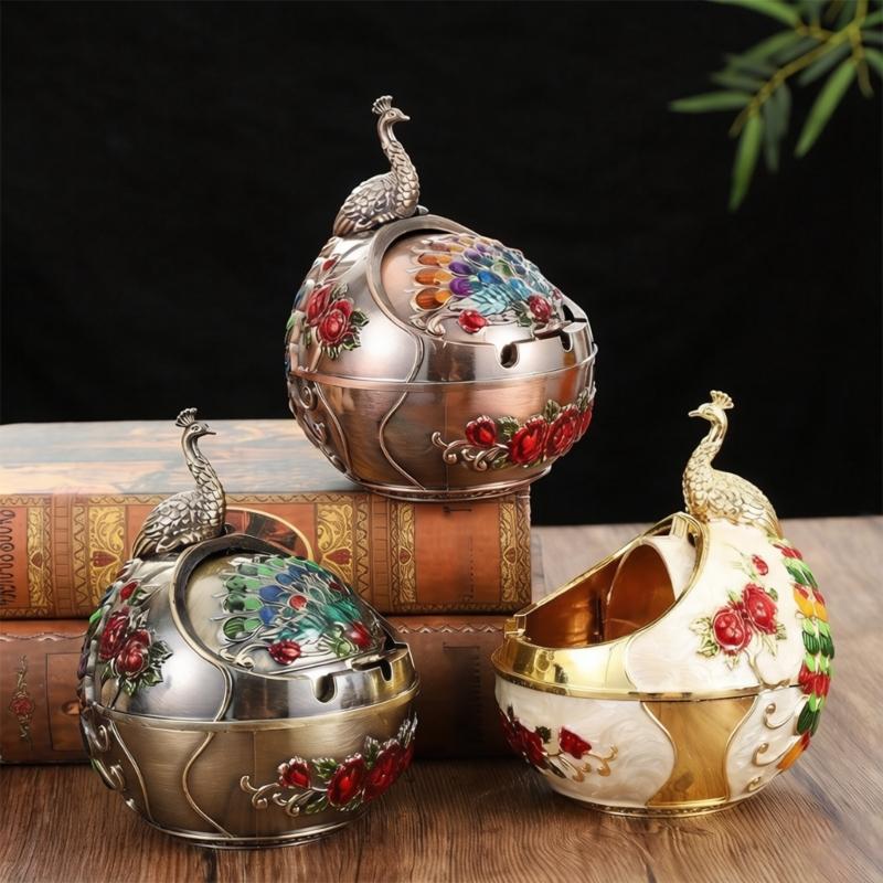 Home Office Ashtray with Covered Opening and Metal Body, Enclosed Bowl Design for Desk Balcony and Patio Use Daily