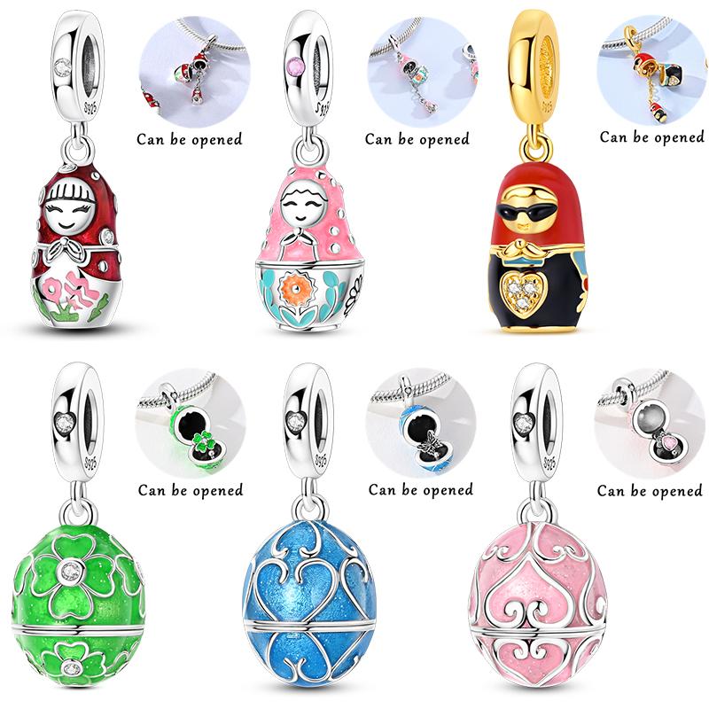925 Silver Surprise Butterfly Easter Egg Russian Polka Dot Doll Charms Pendant For 3mm Bracelet DIY Jewelry Gifts