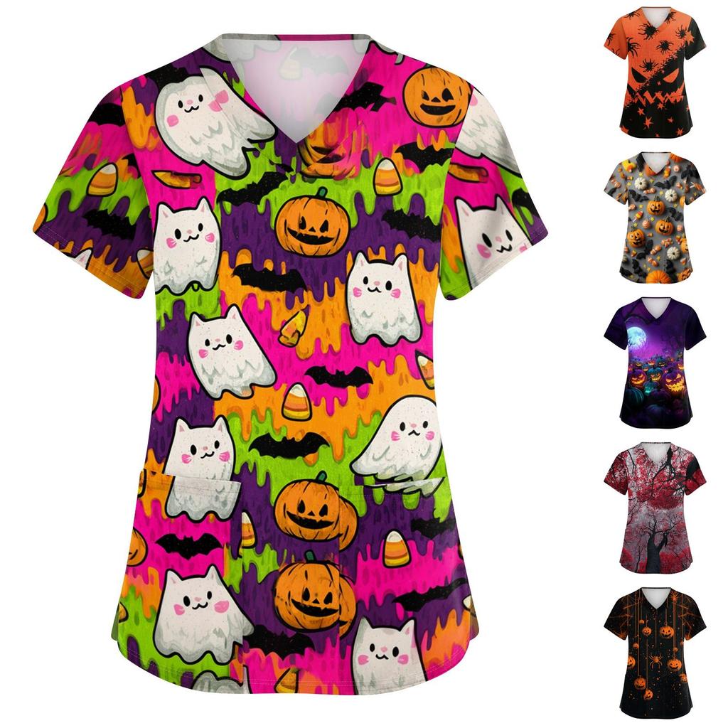 Women's V-Neck Short Sleeve Scrub Top with Pockets Halloween Print Uniform for Work