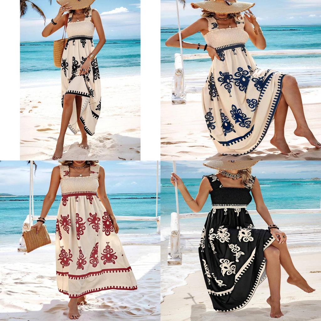 Womens Floral Print Cotton Polyester Sleeveless Maxi Dress For Beach Vacation Wear
