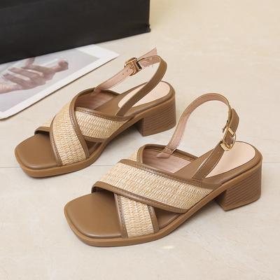 Mode Vintage Geflochtene Kreuzriemen Zehenfrei Römische Sandalen Damen Sommer Neu Mittelhoch Dicke Ferse Riemchenschuhe