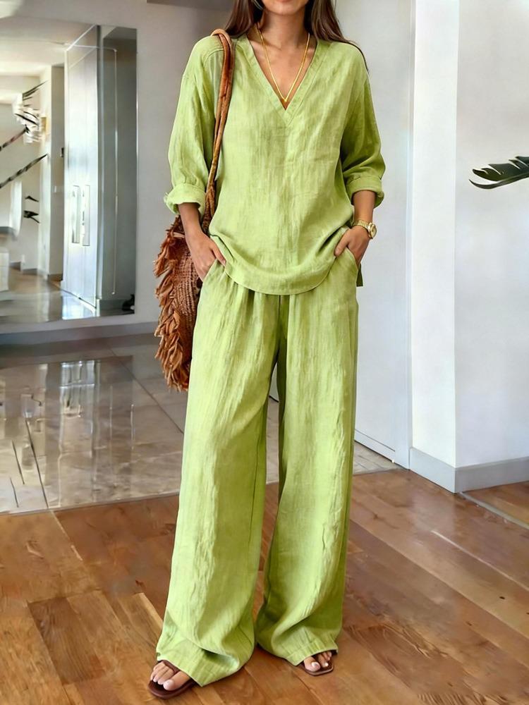 New 2026 Solid Color V-Neck Pullover & Long Sleeve Casual Pants Washed Cotton Two-Piece Set