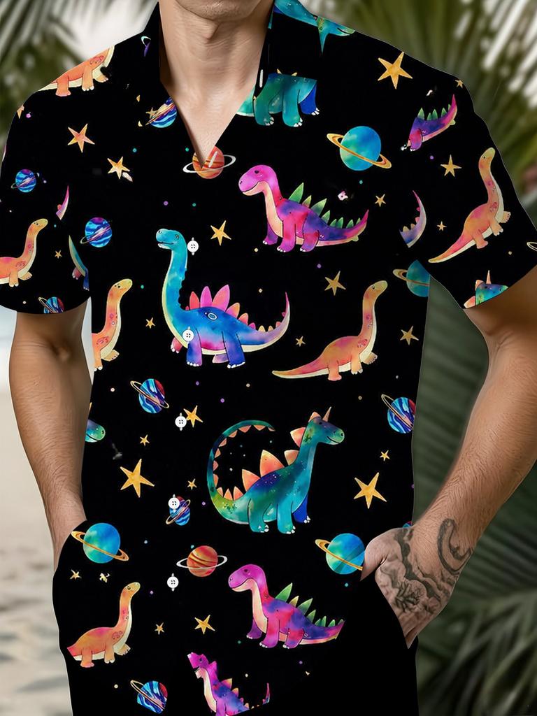 Übergröße Herren Kurzarmhemd mit mehreren Knöpfen, Stil mit Dinosaurier-Print, Lässiges Kurzarmhemd mit Stehkragen Übergröße, Sternen-Dinosaurier-Elemente,