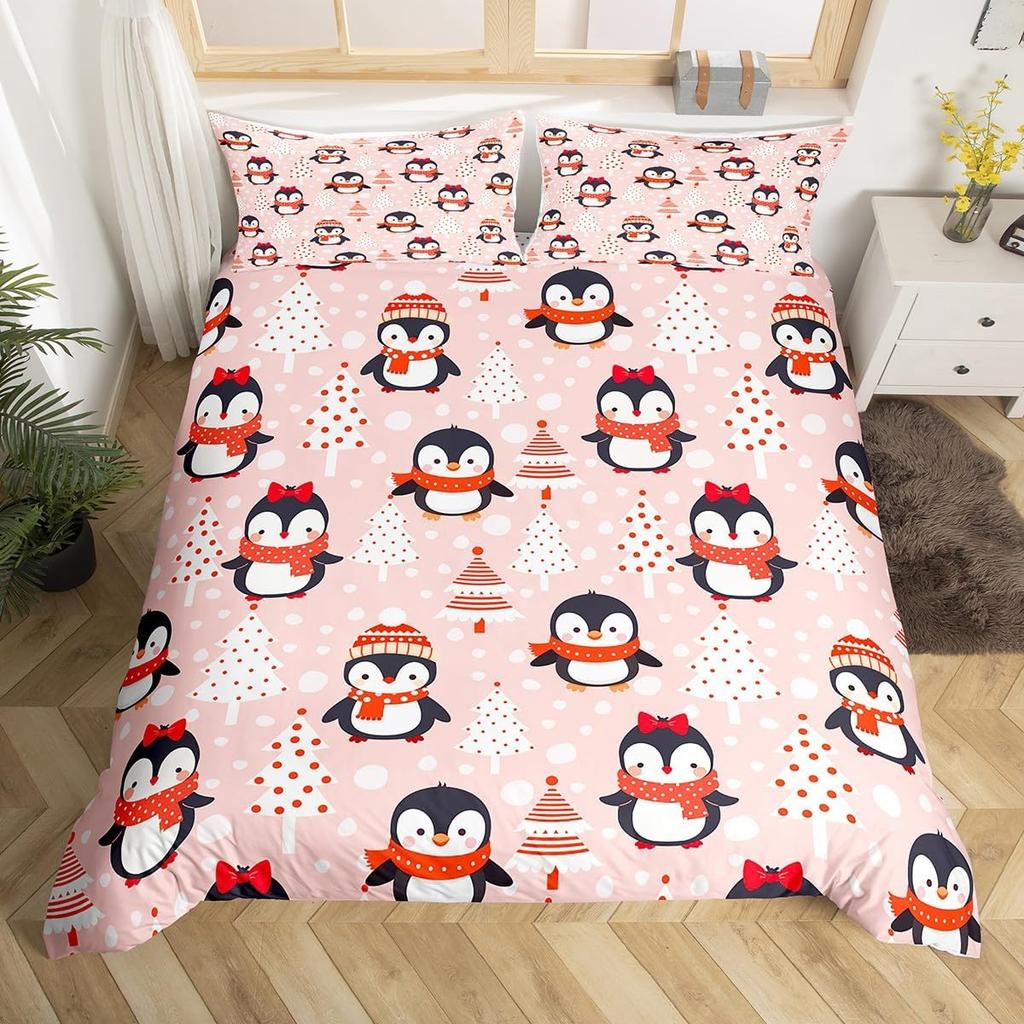 Cartoon Penguin Bedding Set Full King for Girls Boys Kids Room Dorm Funny Animal Printed Comforter Cover Penguins Bedding Set