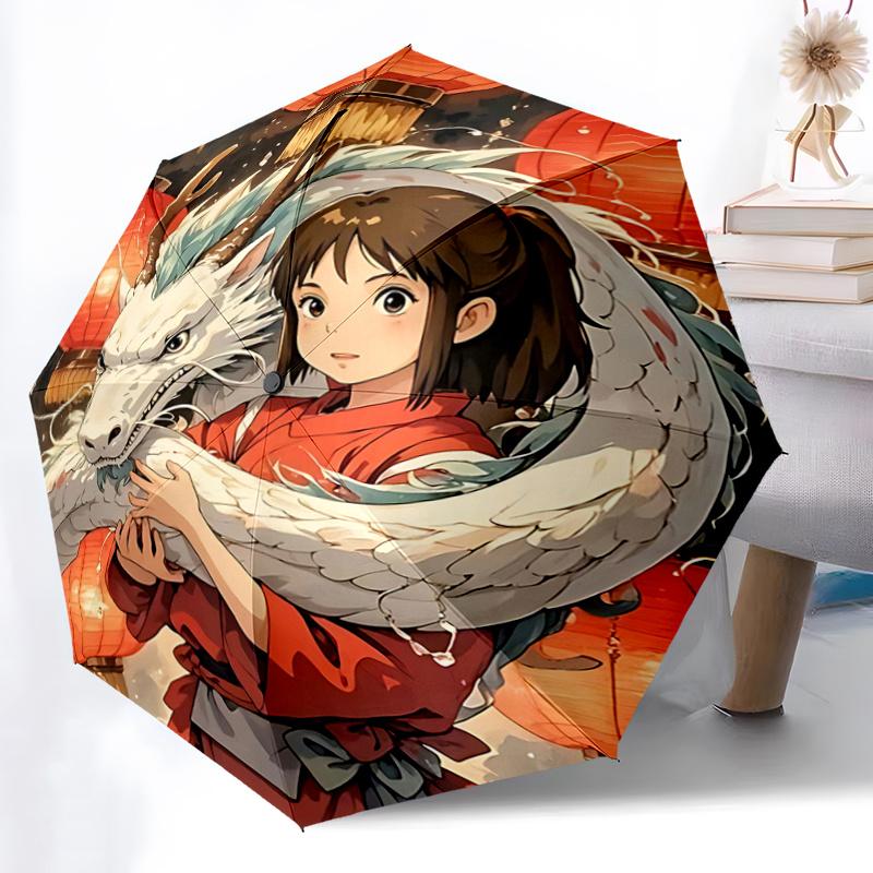 1pc Dragon Wrapped Around Girl with Red Lanterns Automatic Opening/Closing Umbrella, Portable Tri-Fold Design, 8-Bone Iron Frame, Outdoor Umbrell