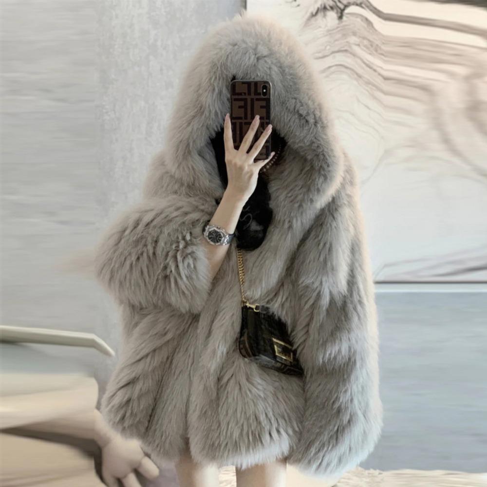 Winter Pelzmantel Damen Mittel und Lang Fuchspelz Kapuzenmantel Locker und Dünn Modisch und Umweltfreundlich Pelzmantel