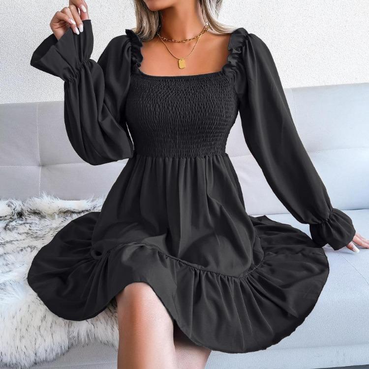 Flared Swing Dress Summer Spring Long Sleeve Square Neck Ruffled A Line Solid Color All Match Sizes S To XL