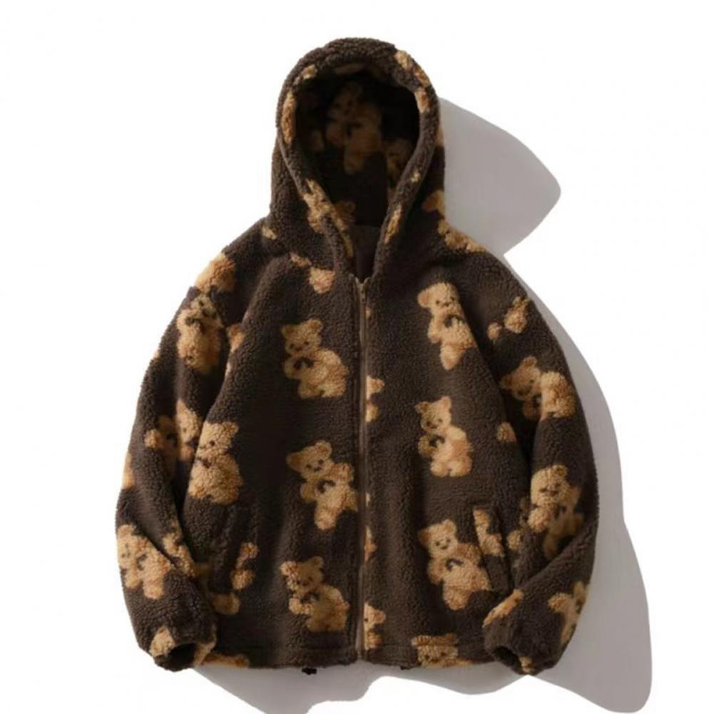 Women Autumn Winter Fleece Hooded Jacket with Drawstring Long Sleeve Pockets Zipper Placket Plush Sweatshirt Coat Heart Bear Pri
