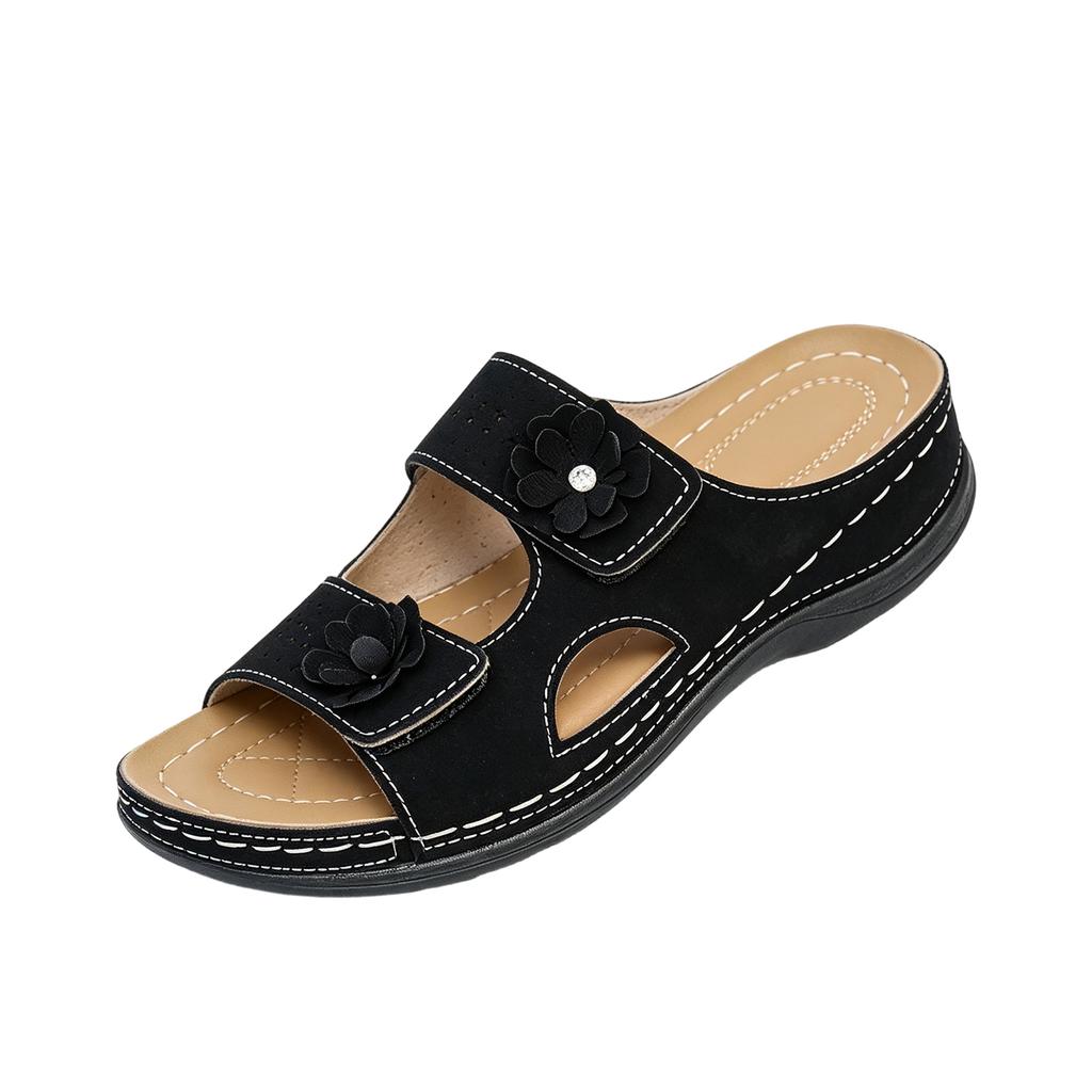 Women's Vintage Floral Round Toe Thick Sole Sandal Slip On Adjustable Straps Casual Beach Footwear Comfortable Design