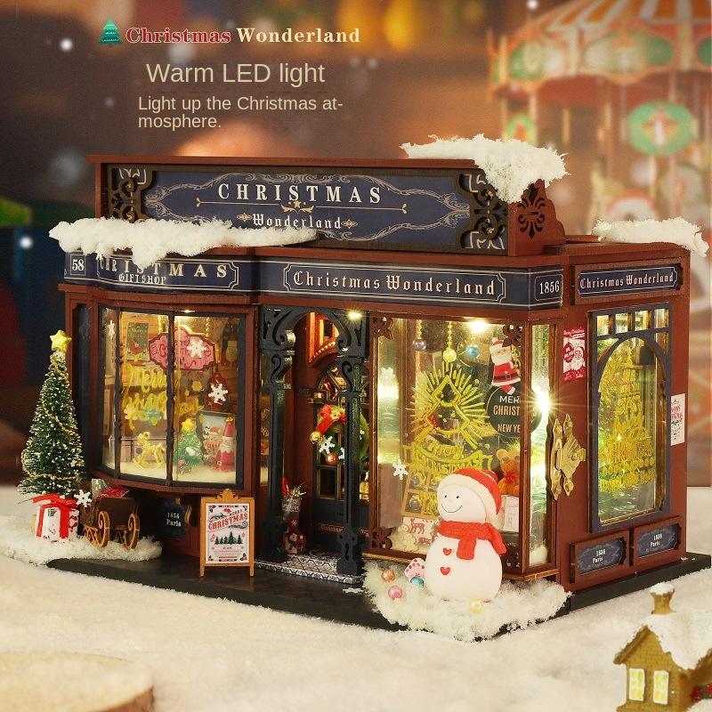 Jiate DIY Miniature House Christmas Wonderland Handmade Villa Model Ornament DIY Craft Kit Christmas Gift for Men Women