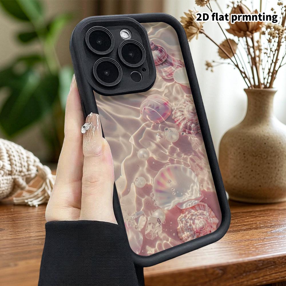 Phone Case: 2D Flat Design Suitable for iPhone 18 17 16 15 14 13 Pro Stepped Protective Case, Seashell Pearl, Christmas and Halloween Holiday Gift