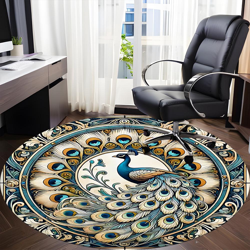 1 Stück Pfauen-Mandala Rundes Büroteppich, Matte Geeignet Für Büro, Unter Bürostühlen Schlafzimmer Wohnzimmer Heimdekoration, Zimmerdeko