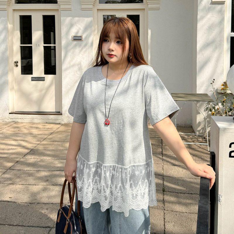 

Plus-Size Women s Clothing [Sweet Lace Patchwork T-Shirt] Short-Sleeved Spring and Summer Loose Casual Mid-Length Top for Fat Girls Floral Gray 5XL