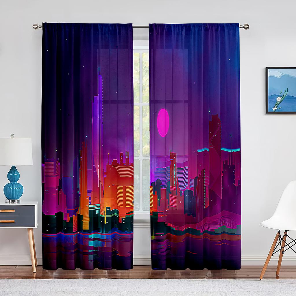 Punk Night City Landscape Purple Neon 2panels Curtain for Living Room Bedroom Drape Kitchen Window Curtains Home Essentials