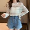 Hollow Long-sleeved Sweater Women's Spring Thin Transparent Black T-shirt Sunscreen Blouse Short Top