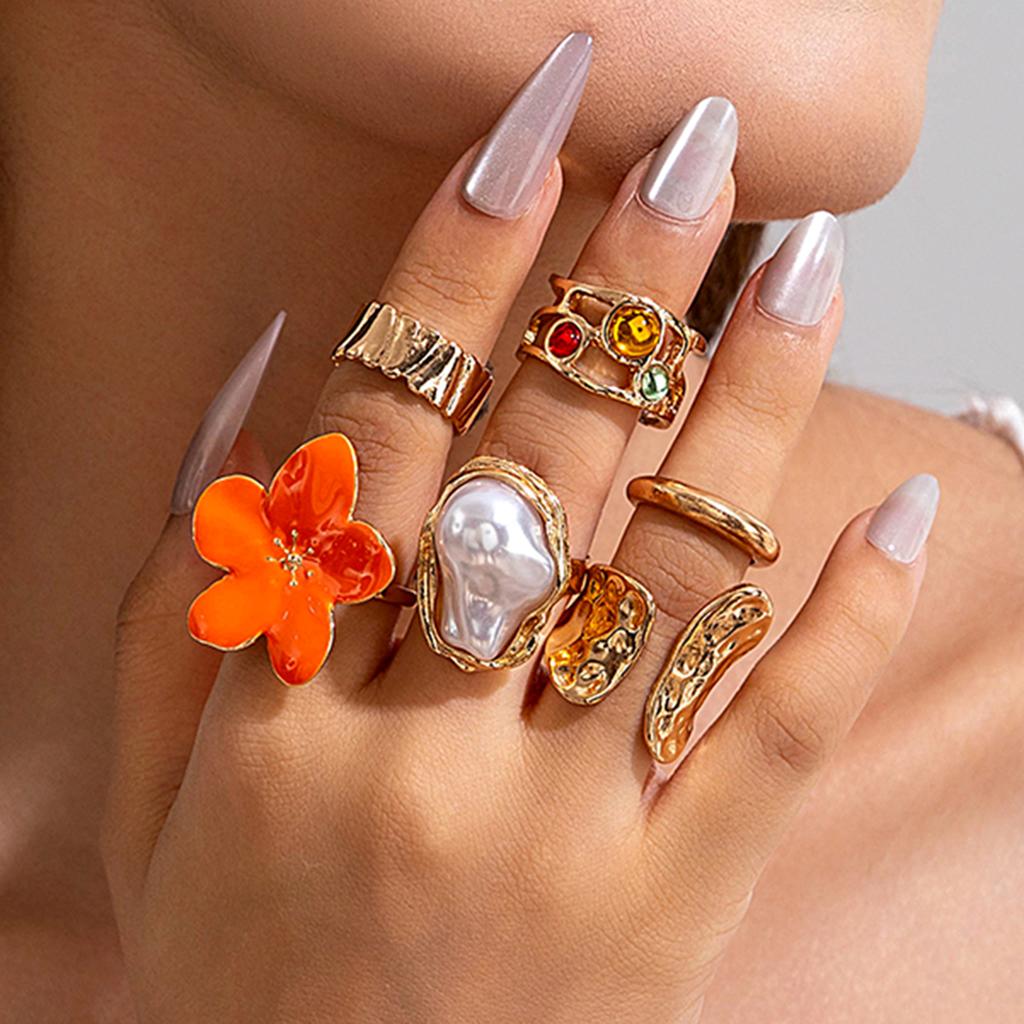 Tocona New Fashion Luxury Imitation Pearl Open Ring Sets for Women Elegant Gold Color Ring Party Jewelry Accessories