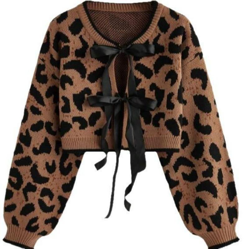 Damen Leopardenmuster Strickjacke mit Bindung vorne, Langarm Lässiger Kurzer Pullover