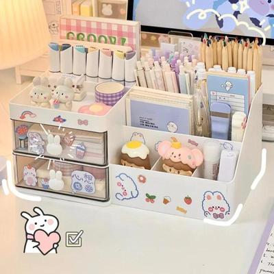 Organizador de cosméticos Caja de almacenamiento de cosméticos de escritorio Organizador Cajón Estante de almacenamiento de oficina Papelería Escritorio Portalápices Organizador de cajones de conejito Lindo Kawaii