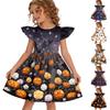 Girls Halloween Dress Flutter Sleeve Spliced Dress Ghost Pumpkin Bat Print Party Dress for Kids Casual Wear
