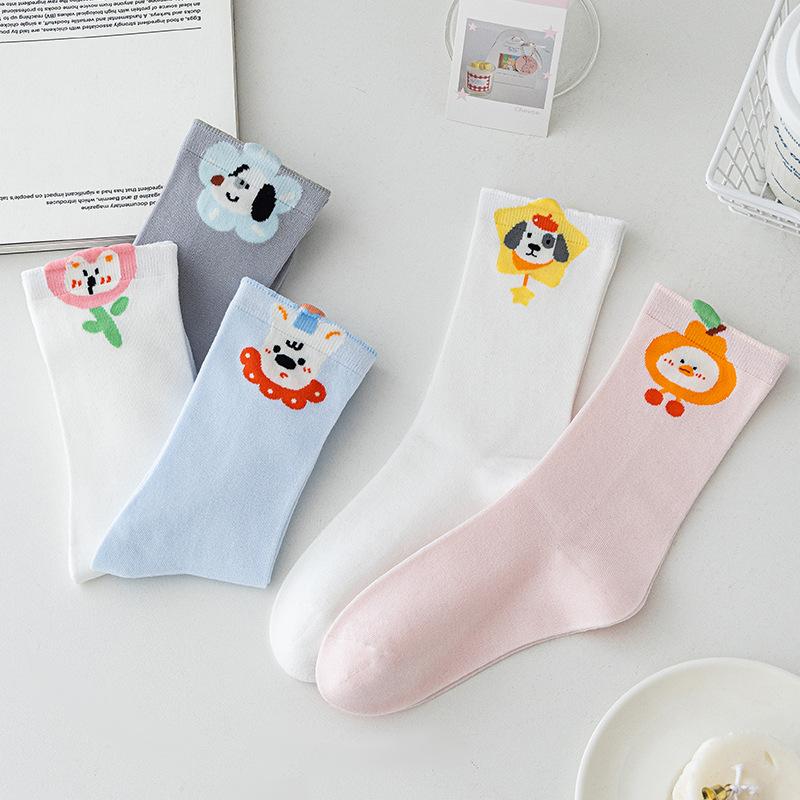 5 Pairs of Female Spring and Summer Cute All Match Cartoon Animal Tube Socks