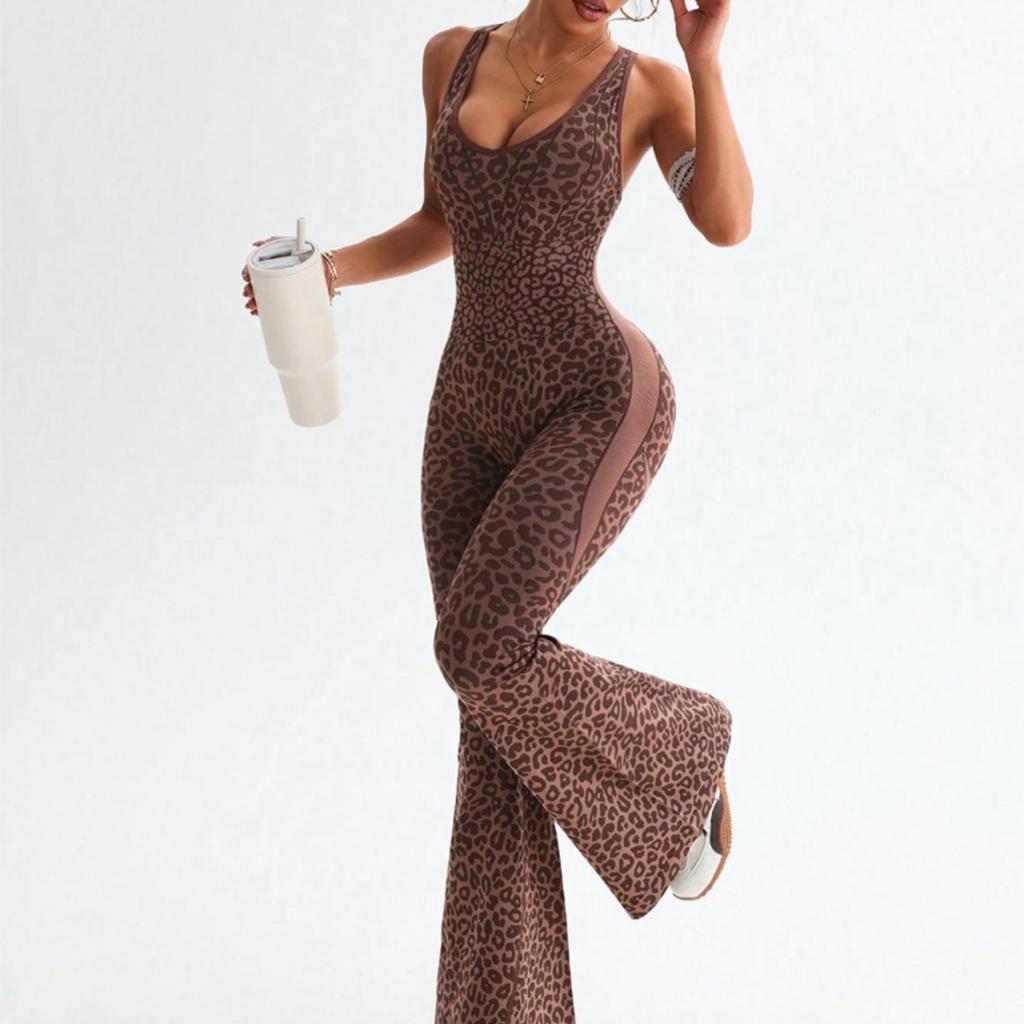 JYL Leopard Cross Back Flared Jumpsuit Casual Outdoor Wear