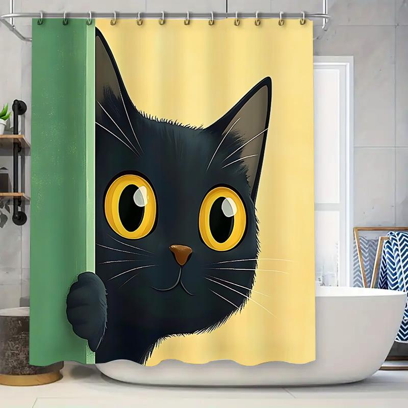 Peeking Black Cat With Big Yellow Eyes Shower Curtain For Bathroom Decoration - Cute Andfunny Design With Complimentary Hook