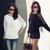 Stylish Black And White Lace Batwing Sleeve T-shirt For Plus Size Women In Trendy Commute Style