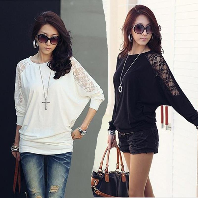 Stylish Black And White Lace Batwing Sleeve T-shirt For Plus Size Women In Trendy Commute Style