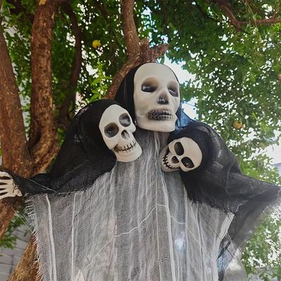 Large Hanging Three Head Skull Ghost - Halloween Haunted House Decoration with Gauze Prop for Doorway Suspended Horror Ornament