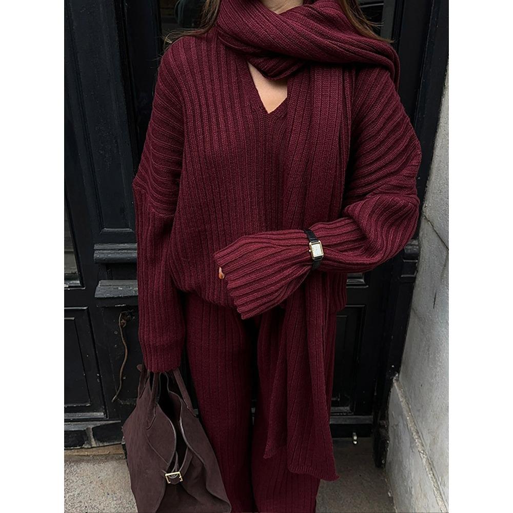 Autumn and Winter Wool Suit Women's Autumn and Winter High-end Sense Solid Color V-neck Sweater Straight Trousers Two-piece Set Women