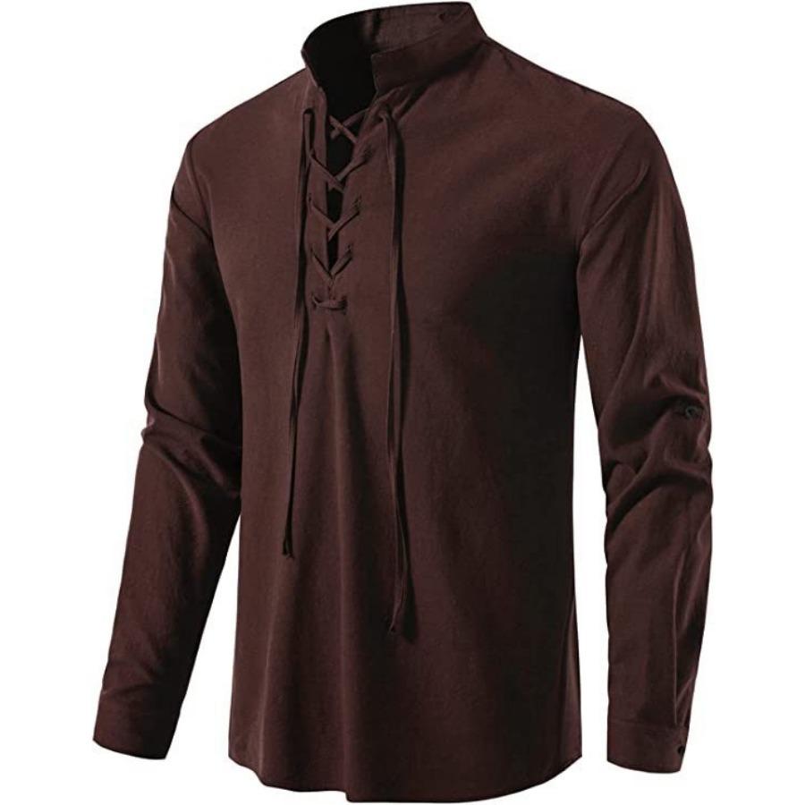 Men's Plus Size Cotton Henry Shirt Hippie Casual Long Sleeve Beach Stand Collar Shirt Man White Black Oversized Tops