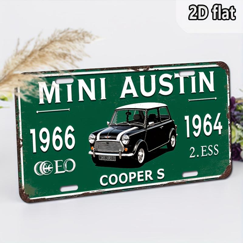 D Flat Vintage Austin Mini Aluminum Wall Art Sign Retro Copper Green Design with Classic Car Image