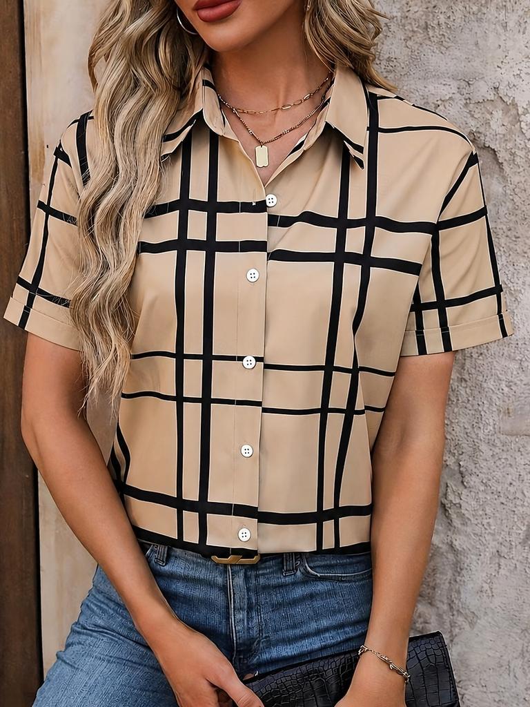 Women's Spring Summer Minimal Black Line Grid Print Lapel Collar Shirt, Loose Button Front Office Casual Blouse