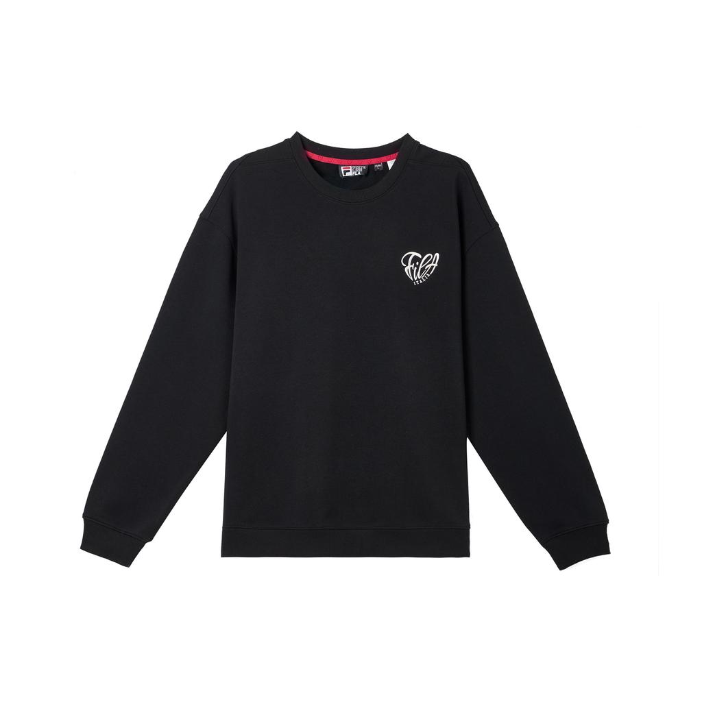 FILA Logo Heart Print Round Neck Loose Long Sleeve Sweatshirt Men sweatshirt Black F11U439202F-BK