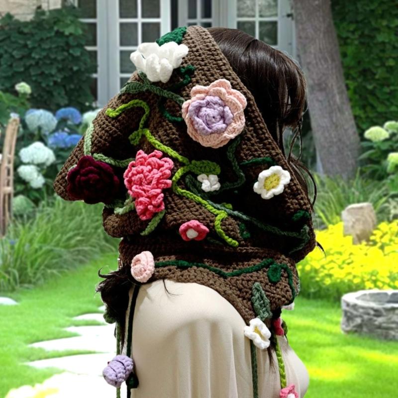 Bohemian Hooded Capelet Hat Comfortable Crochet Design Fringe Headwear with Floral Detailing Soft Winter Wear Gear