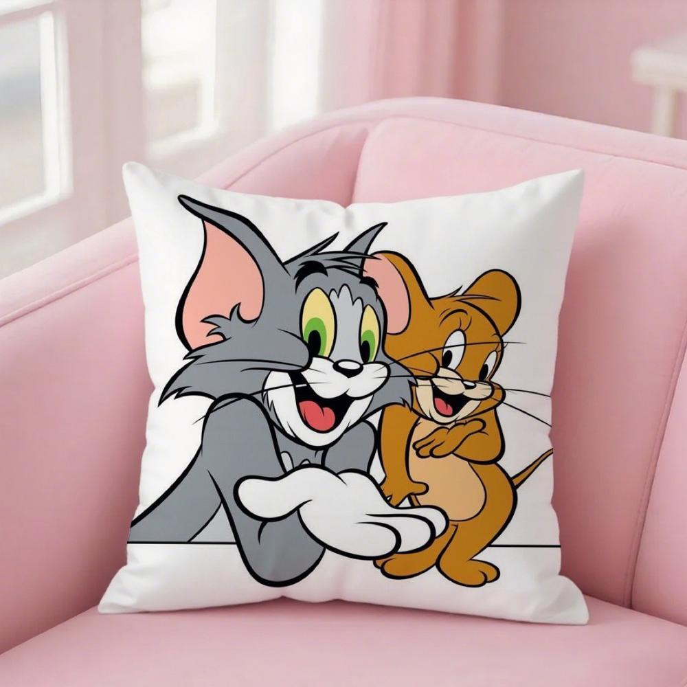 Husa de Pernă Amuzantă Desen Animat T-Tom și J-Jerry Pătrată Imprimare Față-Verso Pluș Scurt Husă Pernă Canapea Dormitor Noptieră