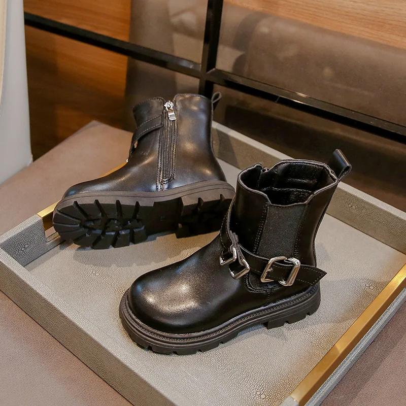 British Style Children's Boot Solid Color Round-toe Girls Platform Ankle Boots Side Zipper Winter Kids Fashion Cotton Boots New