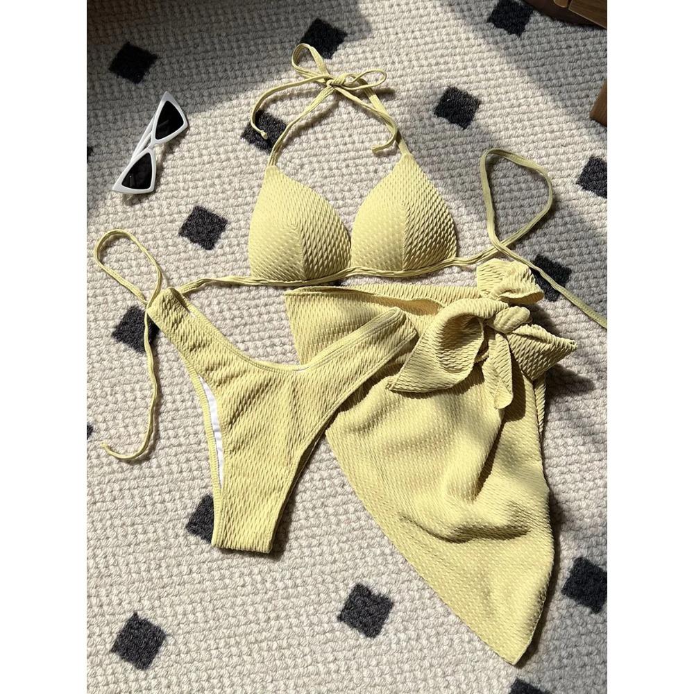 With Beach Sarong Bra Cup Wrinkled Bikini Female Swimsuit Women Swimwear Three-pieces Bikini Set Push Up Bathing Suit Swim Lady