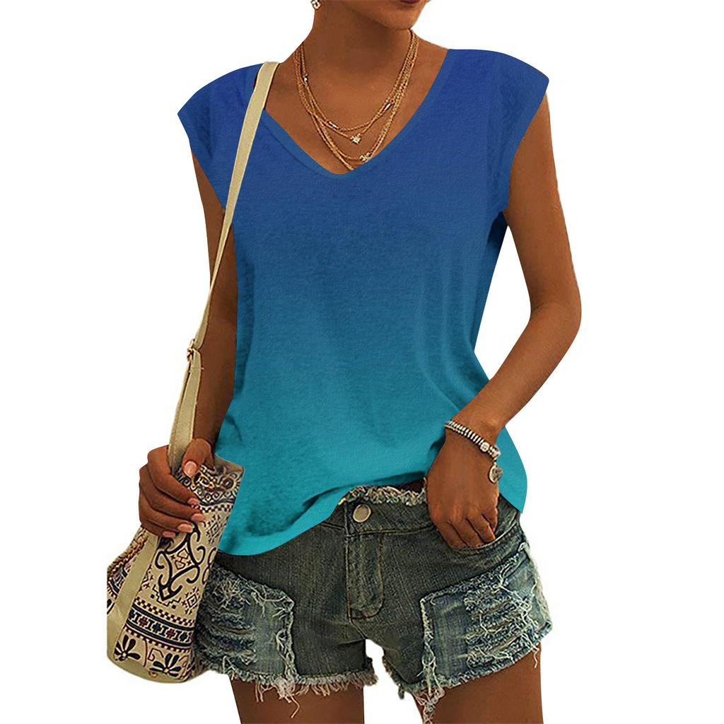 Women Fashion Casual Tops Printed Sleeveless Shirts V Neck Pullover T Shirts