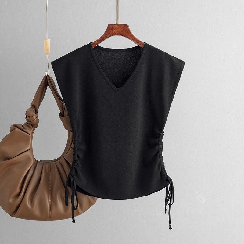 Sommer Damen Chic Kordelzug Kurz Slim Eisseide Strick Ärmellos V-Ausschnitt T-Shirt