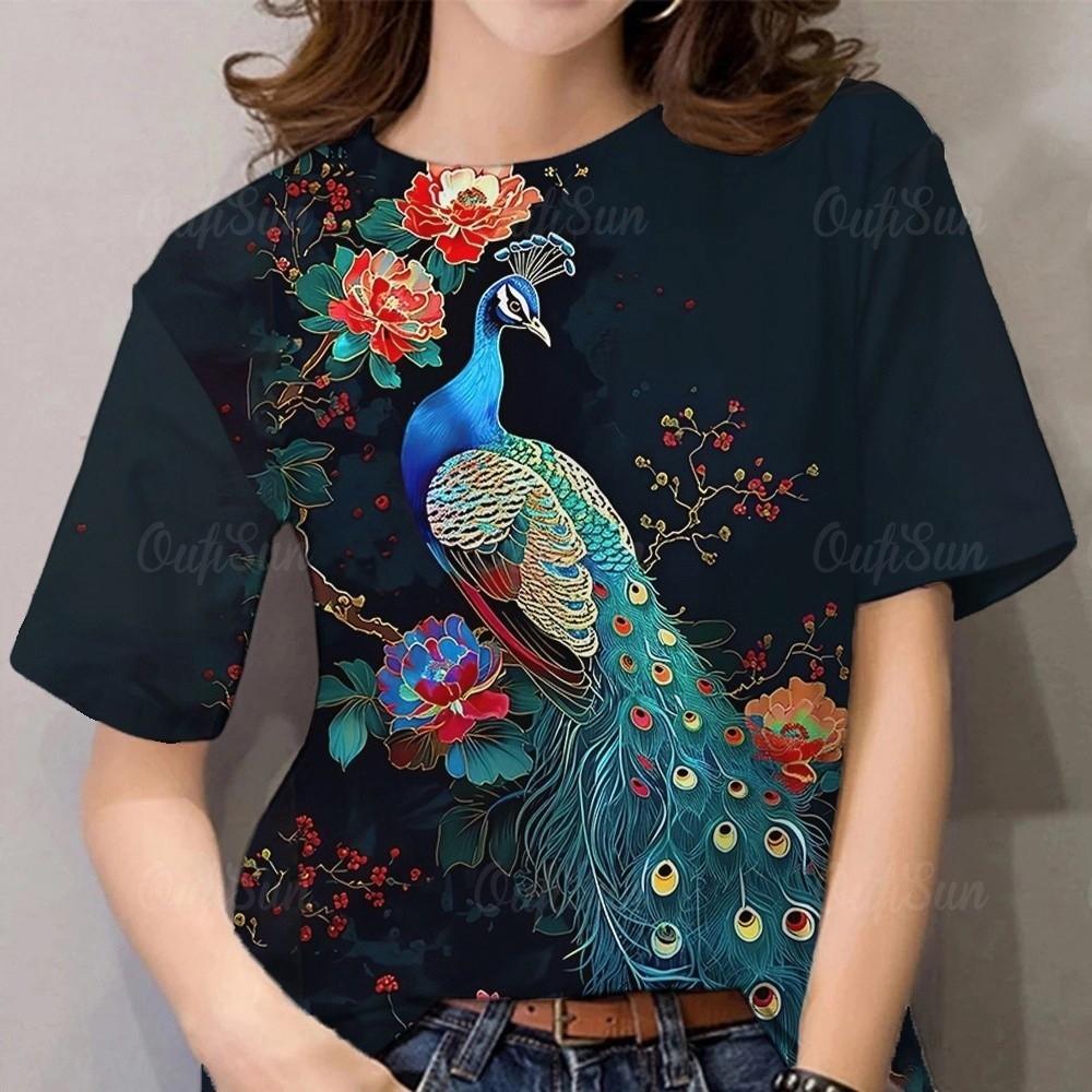 

Peacock Print Women s T-Shirt Hawaiian Resort Style Crew Neck Pullover Top Retro Women s Shirt Short Sleeve XL