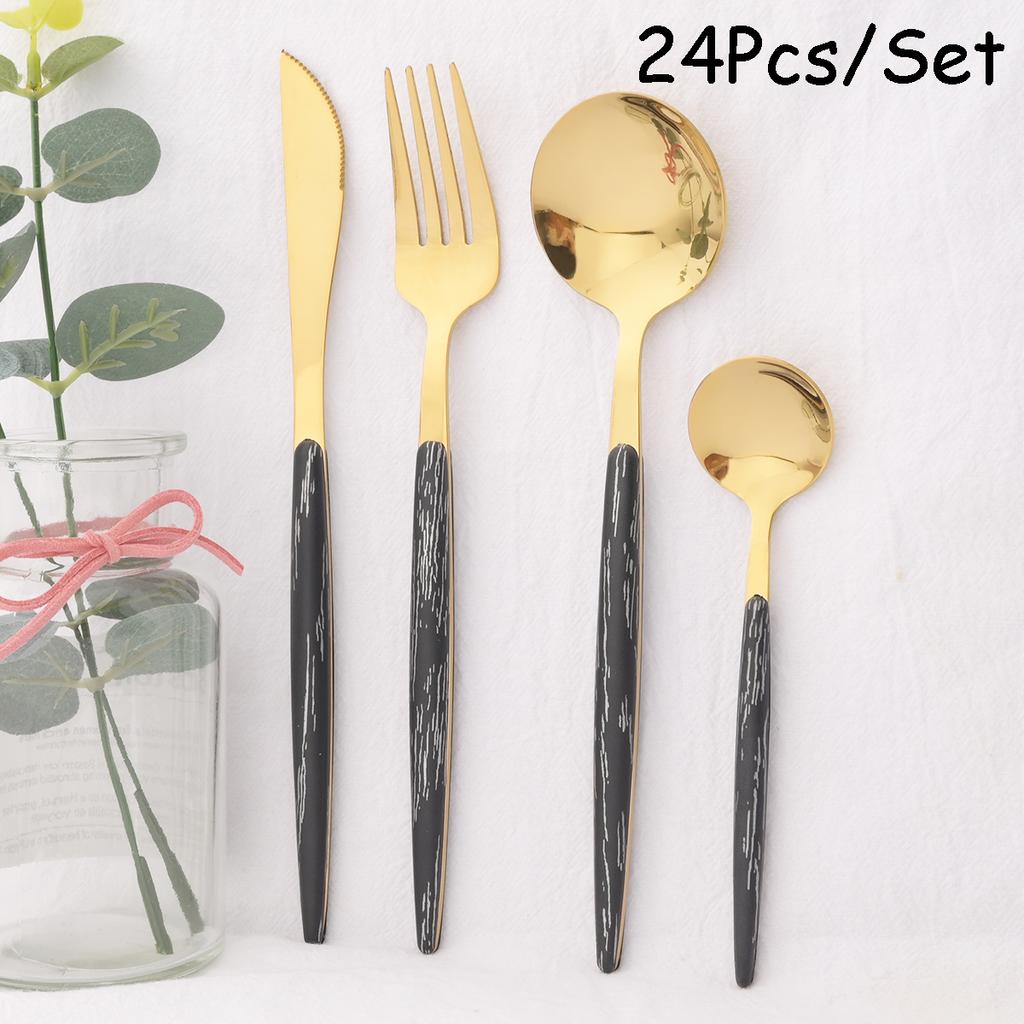 24 ks Černozlatá sada příborů s dřevěnou rukojetí Nerezová sada nádobí Nůž Vidlička Kávová Malé lžičky Stolní nádobí Kuchyňské Stříbrné nádobí