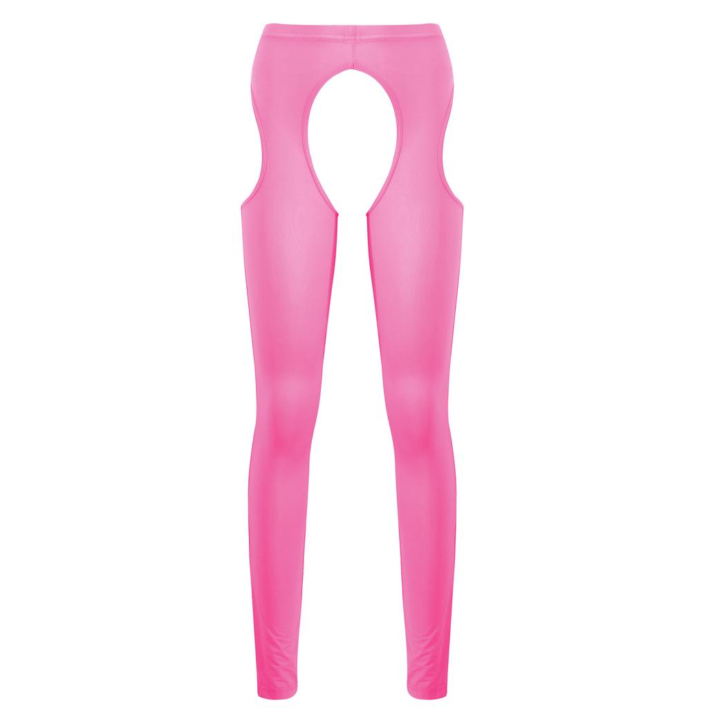 Womens Hollow Out Leggings Glossy Elastic Waist Crotchless Design Stretchy Nightwear Bottoms