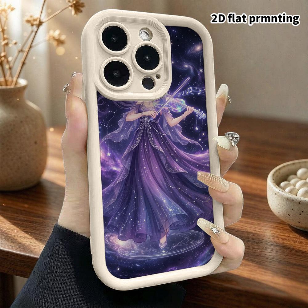 Phone Case: 2D Flat Design for iPhone 13 Pro To 18, Tiered Protective Case, Girl Playing Violin Under Starry Sky, Christmas and Halloween Gifts