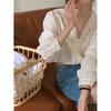 Spring Korean Gentle Heavy Industry Embroidery Lace Hollow Splicing Pleated V-Neck Bubble Sleeve Shirt Top Women