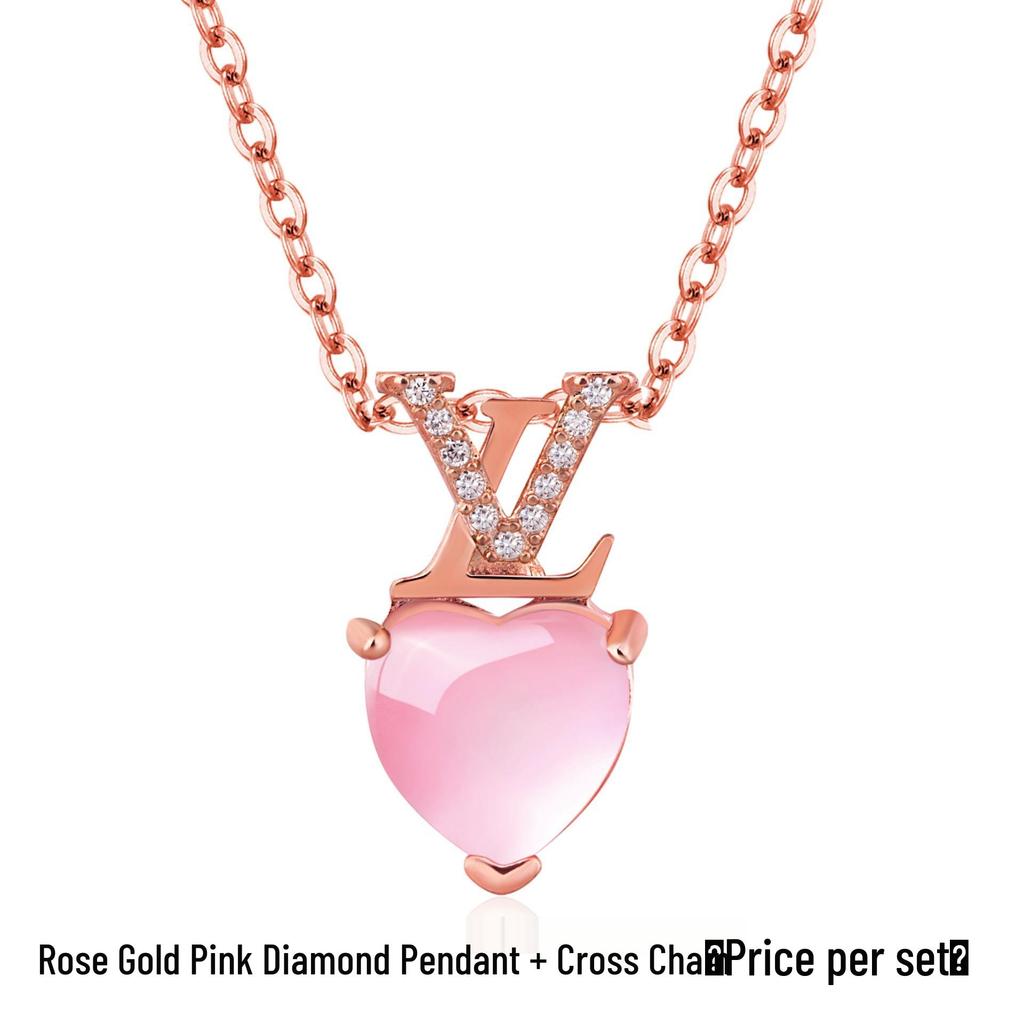 Korean Style Rose Gold Heart Necklace with Natural Rose Quartz Pendant - Women's Pink Crystal Clavicle Chain