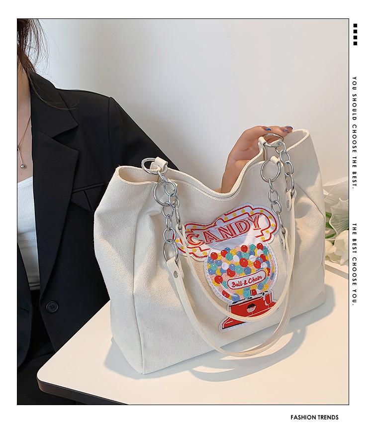 Design Tote Bag New Korean Edition Zipper Canvas Red Large Capacity Versatile Cartoon Blue Personalized Shoulder Bag For Women